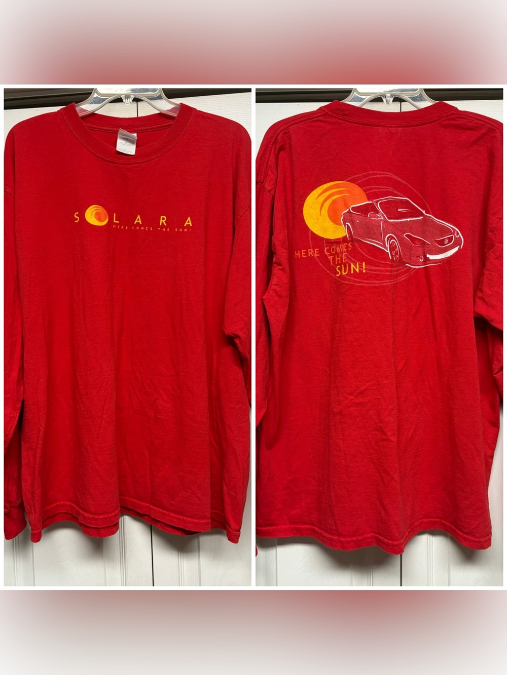 Gildan Red Long-Sleeve Graphic Tee with Yellow Sun Art